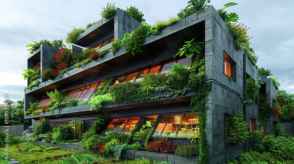 Fototapeta premium A modern eco-home with integrated mini-greenhouses on the windowsills