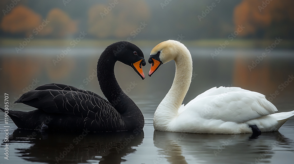 Black and white swans forming a heart shape on a serene lake, symbolizing tranquility, harmony, and natural beauty. Peaceful reflection of love in nature. Black and white swans forming a heart shape on a serene lake, symbolizing tranquility, harmony, and natural beauty. Peaceful reflection of love in nature.