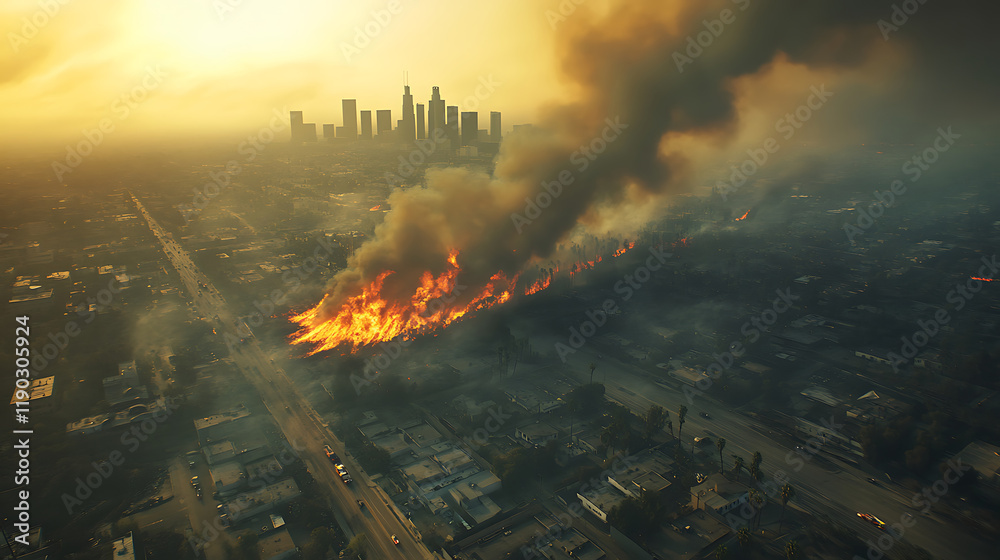 Fototapeta premium A vast forest consumed by raging fire, trees burning with intense flames, wild animals fleeing, and charred remnants of trees and scorched earth with smoke filling the air. A dramatic scene capturing 
