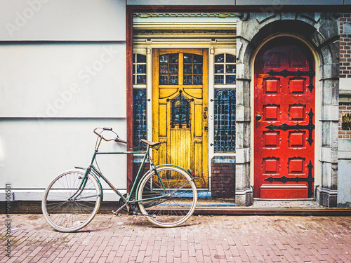 Photography old bicycle in front of a house