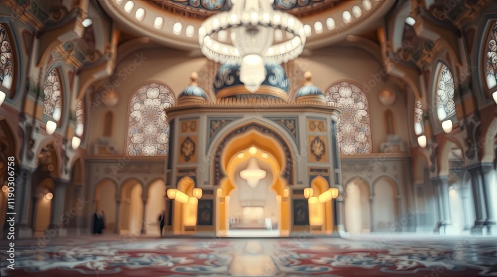 Fototapeta premium luxury Islamic mandala in sharp focus, positioned against a softly blurred bokeh background. The cinematic
