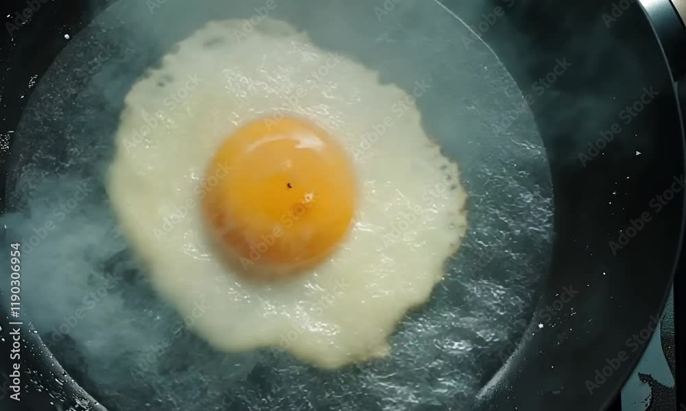 A close-up view of a perfectly fried egg with a vibrant yellow yolk on a unique blackened surface in a frying pan A close-up view of a perfectly fried egg with a vibrant yellow yolk on a unique blackened surface in a frying pan