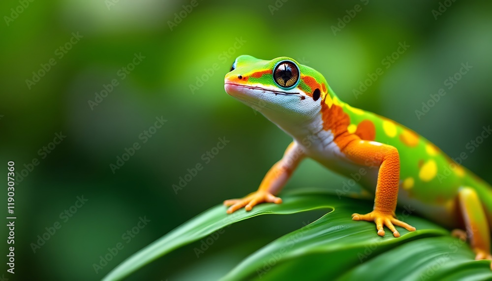 Vibrant Madagascar Gecko on Lush Green Leaf Vibrant Madagascar Gecko on Lush Green Leaf