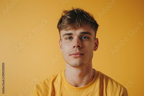 Detailed Color Image of Portrait of Young Caucasian Man on Yellow Background