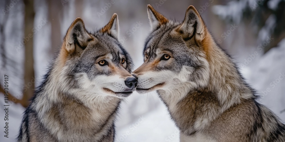 Fototapeta premium Gray wolves standing together in snow