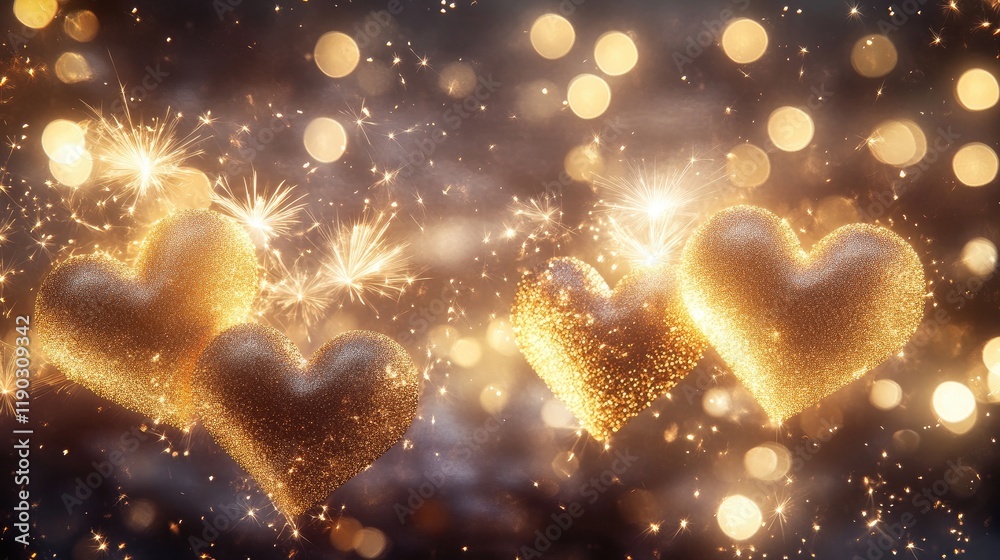 Golden Hearts with Sparkles and Bokeh for Romantic Celebrations Golden Hearts with Sparkles and Bokeh for Romantic Celebrations