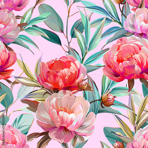 Pattern peonies flowers. Vector pattern floral summer flowers peonies. For paper, fabric, packaging, interior design