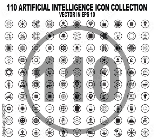 110 Artificial intelligence icon set. Generative AI, technology, virtual assistant , Robotics, Technical support and more. Solid icons collection. Illustration vector saved in EPS 10 , fully editable