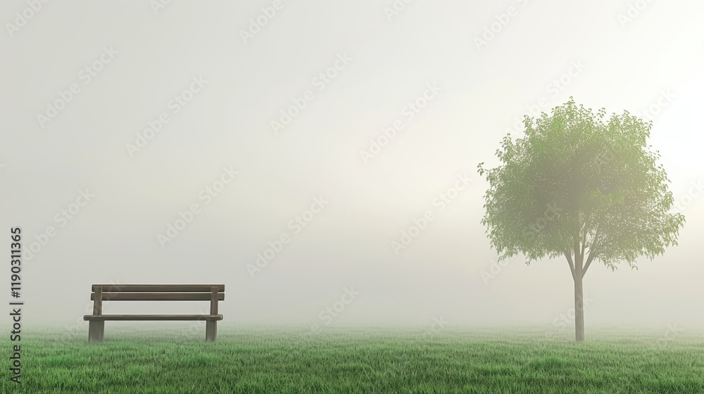 serene park scene featuring wooden bench and solitary tree in foggy landscape. soft grass adds to tranquil atmosphere, inviting peaceful reflection serene park scene featuring wooden bench and solitary tree in foggy landscape. soft grass adds to tranquil atmosphere, inviting peaceful reflection