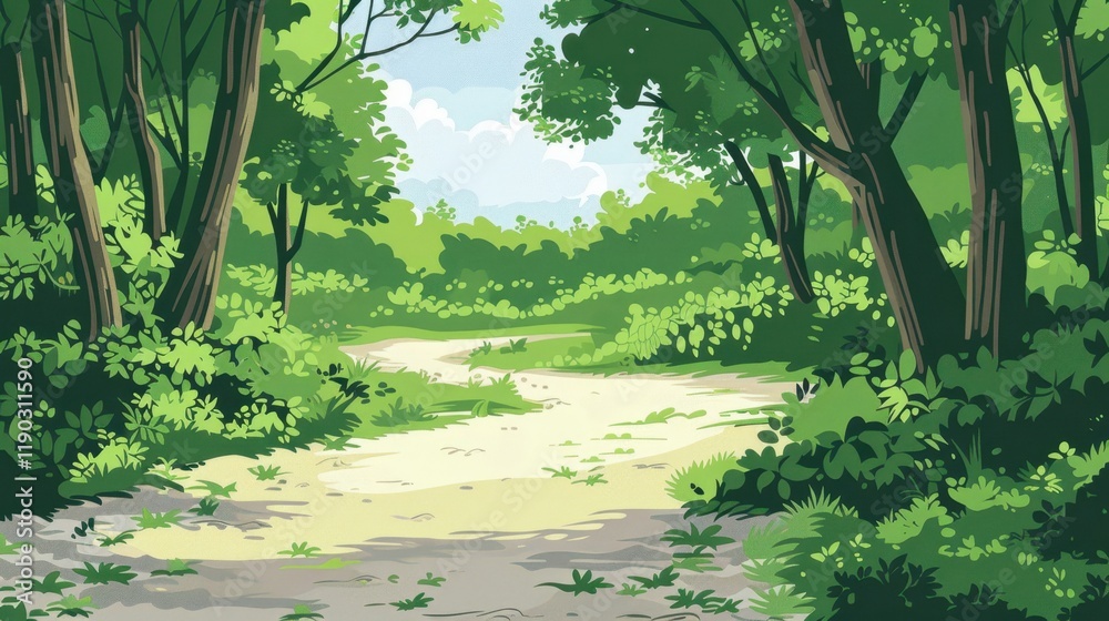 Fototapeta premium Lush green forest path with vibrant foliage and soft sunlight filtering through trees, creating serene and peaceful atmosphere