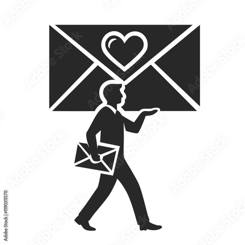 postman holding mail heart shape silhouette vector clip art.