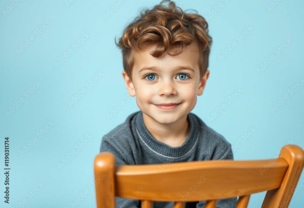 A boy with a gentle smile sitting on a wooden chair A boy with a gentle smile sitting on a wooden chair