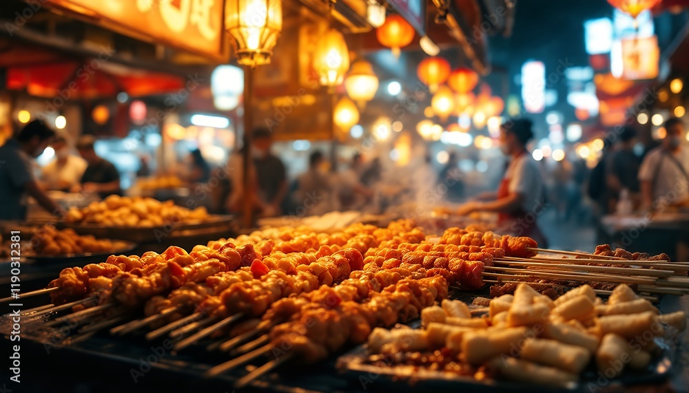 Night Market Delights: Vibrant Asian Street Food Scene with Grilled Skewers and Golden Fried Delicacies Night Market Delights: Vibrant Asian Street Food Scene with Grilled Skewers and Golden Fried Delicacies
