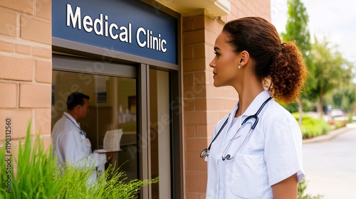 Wallpaper Mural Female doctor in white coat looking at a modern medical clinic entrance with a professional atmosphere. Torontodigital.ca