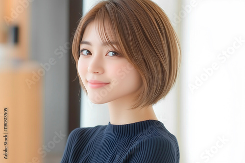 笑顔が可愛い若い女性のポートレート。ショートヘアのカットモデル
