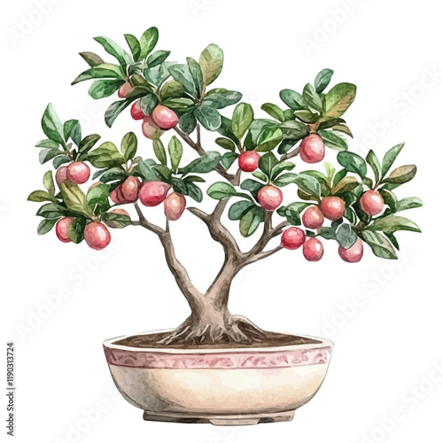 A watercolor of an Indian jujube bonsai, isolated on a white background. Indian jujube bonsai vector.
