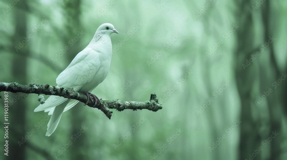 serene white bird perched on branch in misty green forest, symbolizing peace and tranquility. soft focus enhances calm atmosphere of nature serene white bird perched on branch in misty green forest, symbolizing peace and tranquility. soft focus enhances calm atmosphere of nature