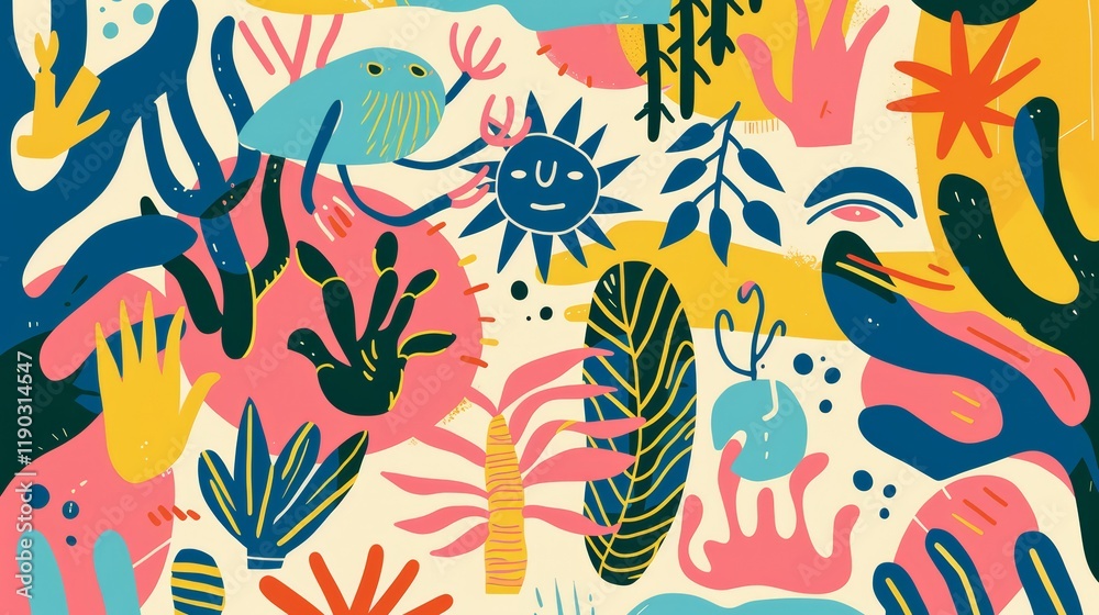 Fototapeta premium Colorful Abstract Pattern with Plants, Sun and Whimsical Creature