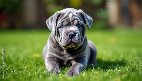 Adorable Cane Corso Puppy in a Lush Green Garden photo