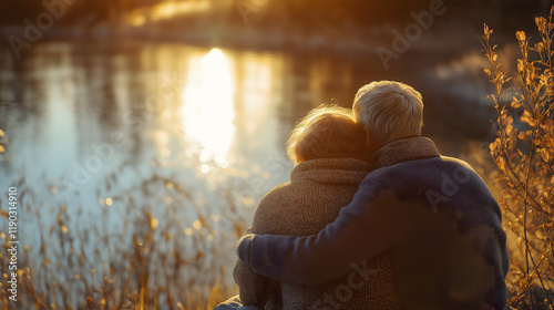 Elderly couple enjoying a golden sunset by the lake photo