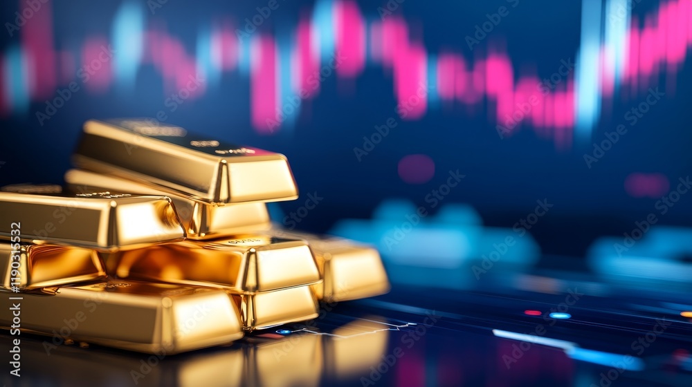 Gold bars stacked in front of a stock market graph, symbolizing wealth and investment trends. Gold bars stacked in front of a stock market graph, symbolizing wealth and investment trends.