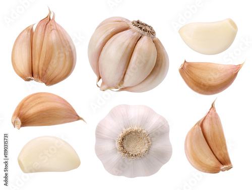 Fototapeta Naklejka Na Ścianę i Meble -  Close-up, garlic, peeled garlic cloves and garlic cloves isolated on the white background, clipping path, collection, set