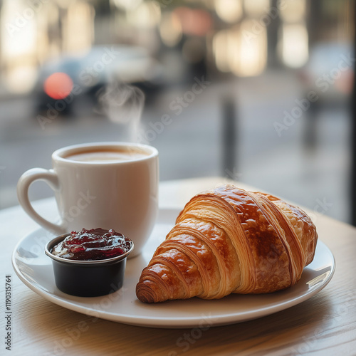 Fresh Croissant with Coffee and Jam photo