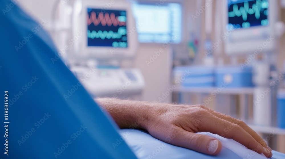 A close-up of a patient's hand resting on a hospital bed with medical monitors in the background. A close-up of a patient's hand resting on a hospital bed with medical monitors in the background.
