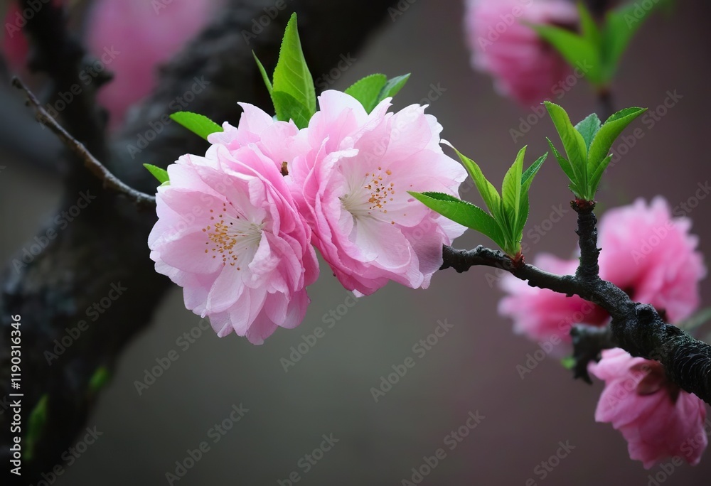 Obraz premium Closeup of delicate pink peach blossoms on a branch with vibrant green leaves, softly blurred background. Springtime floral beauty.