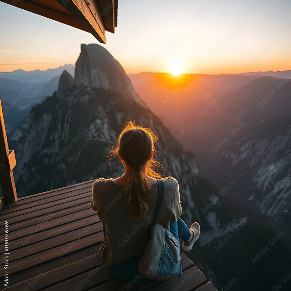 Naklejka premium Meditating female is relaxing in mountains.
