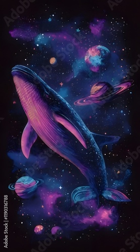 Cosmic whale swims among planets and nebulae. photo