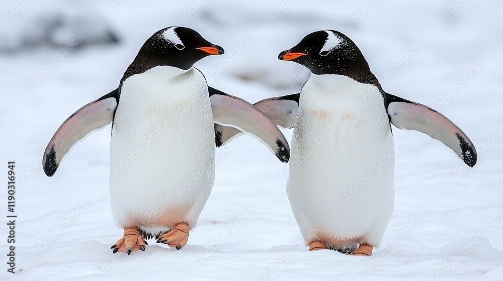 Obraz premium Two Penguins on Snowy Terrain Engaging in Interaction Amidst a Winter Wonderland