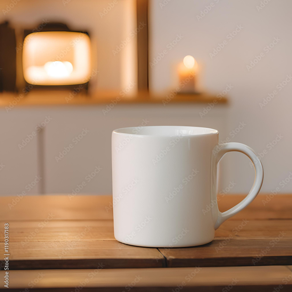 Blank white mug close up mockup on blur living room background. Blank white mug close up mockup on blur living room background.