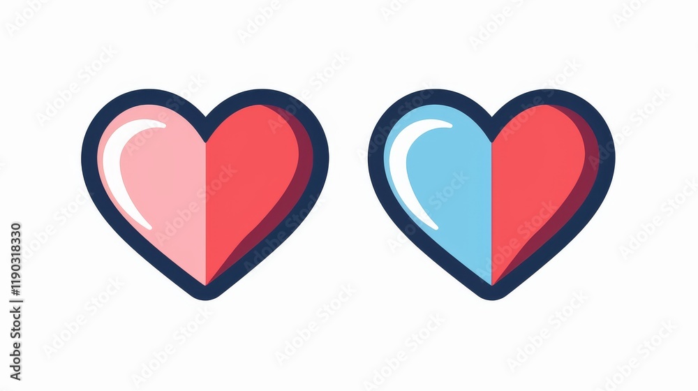 Two Hearts Icon Graphic with Pink and Blue Halves on White Background Two Hearts Icon Graphic with Pink and Blue Halves on White Background