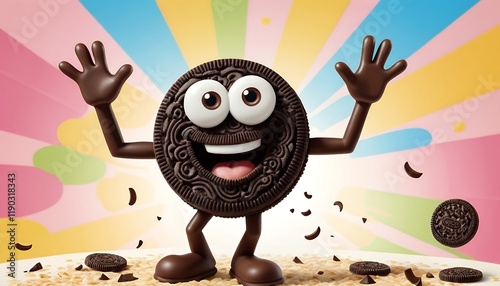 A Delightful Oreo Cookie Character: A 3D Animated Mascot Waving Joyfully Against a Vibrant Rainbow Background