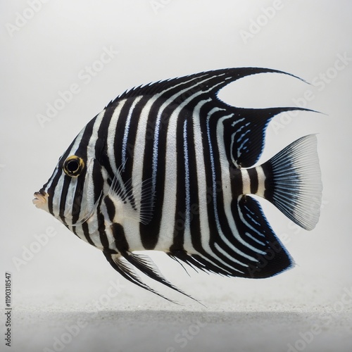 A minimalist depiction of an angelfish with sleek black outlines, floating on a white background. photo