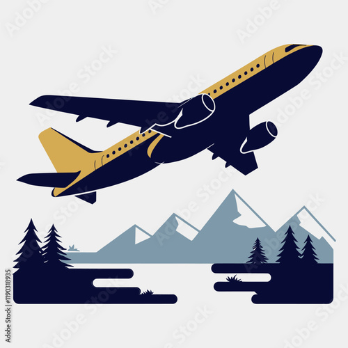 Airplane soaring above snowy mountain landscape