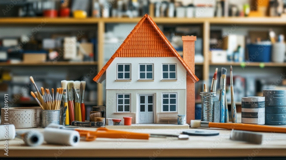 Miniature House Model Surrounded by Art Supplies and Tools Miniature House Model Surrounded by Art Supplies and Tools