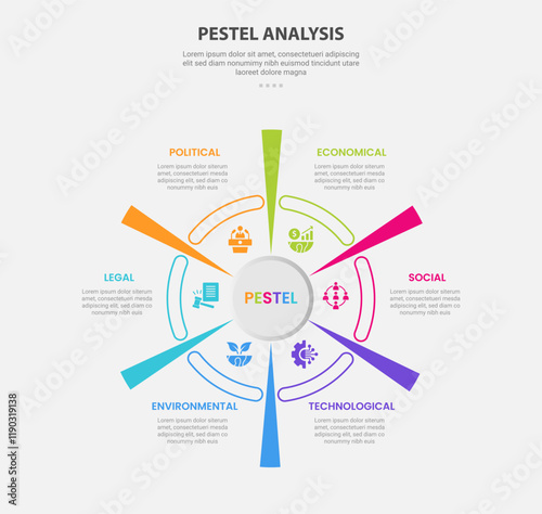 PESTEL analysis infographic outline style with 6 point template with creative circular cycle with sharp line for slide presentation