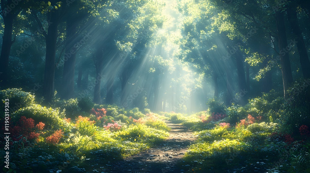 Obraz premium A peaceful forest trail framed by tall, majestic trees, creating a calm and inviting atmosphere. generative ai