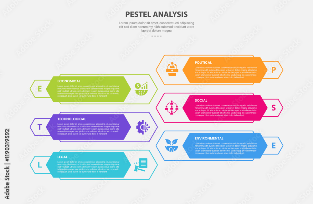 Fototapeta premium PESTEL analysis infographic outline style with 6 point template with long hexagon shape opposite direction for slide presentation