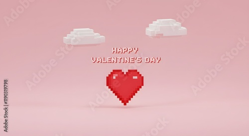 Pixel art heart with soft pink sky background for creative retro Valentine card design highlighting romantic and artistic love expression