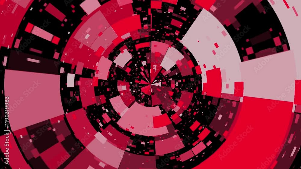 Abstract circular pattern animation background. Red pixelated vortex loop. Digital glitch, red and black
