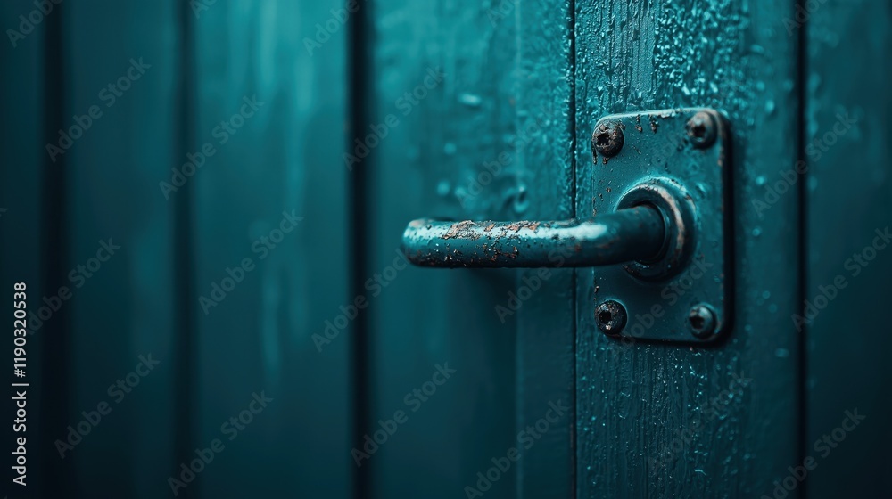 Close-up of a weathered door handle on a textured blue-green wooden door, showcasing raindrops and rustic details. Close-up of a weathered door handle on a textured blue-green wooden door, showcasing raindrops and rustic details.