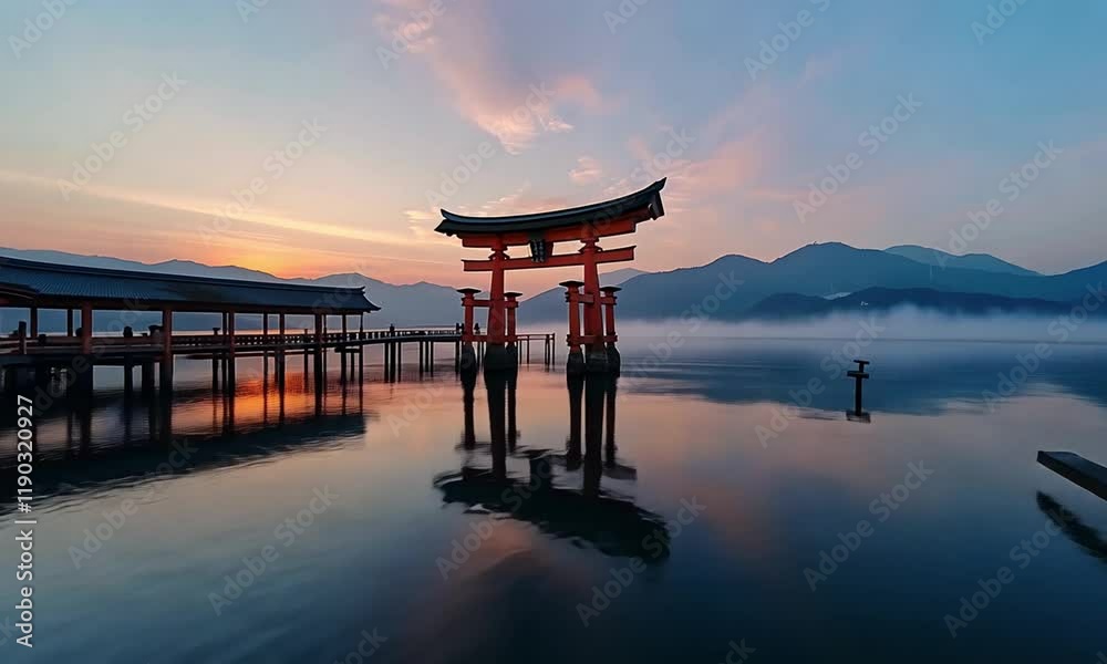 Serene sunset over a tranquil lake with a traditional torii gate, reflecting on the water amidst mountains and mist Serene sunset over a tranquil lake with a traditional torii gate, reflecting on the water amidst mountains and mist