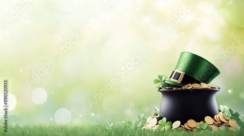 Pot of Gold with Leprechaun Hat and Clovers,A black pot filled with gold coins, topped with a green leprechaun hat and surrounded by shamrocks, symbolizing St. Patrick’s Day.

