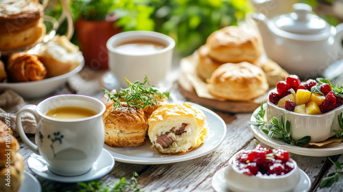 British cuisine national dishes banner with scottish chicken soup, smoked trout pate, rabbit with potato, beef wellington in pastry coat, cod in mustard sauce, kidney soup, fruit cake, scones photo