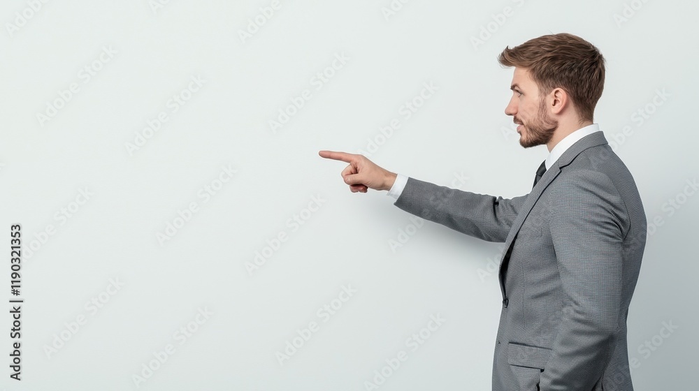 A professional man in a suit points to the side against a plain background, suggesting direction or emphasis in a business context. A professional man in a suit points to the side against a plain background, suggesting direction or emphasis in a business context.