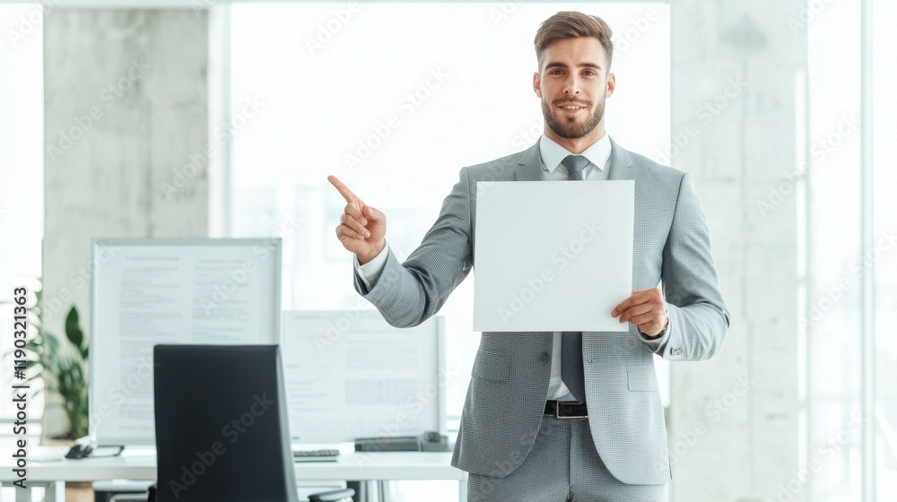 A well-dressed man in an office holds a blank sheet of paper, pointing as if making a point or presenting information. A well-dressed man in an office holds a blank sheet of paper, pointing as if making a point or presenting information.