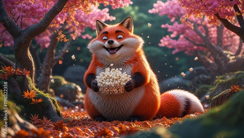 a cute orange fox with a fat body relaxing in a forest with deciduous cherry trees while eating popcorn, animal generative ai. photo